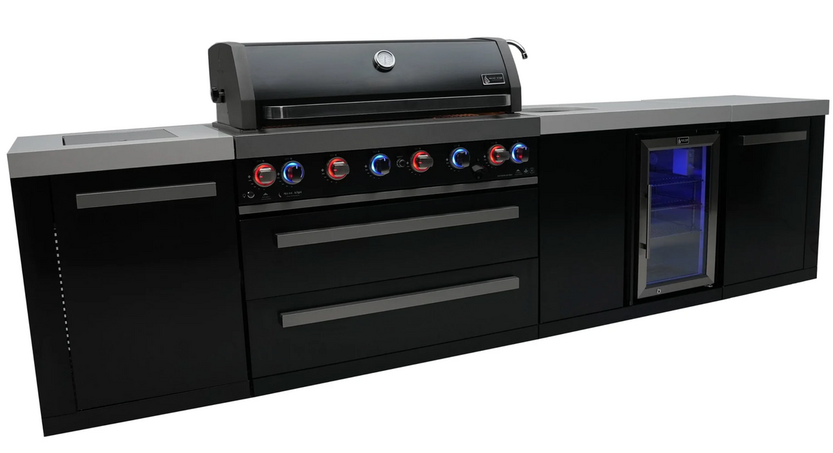 Mont Alpi 805 Black Stainless Steel Island with Beverage Center 6-Burner Grill 2 Infrared Burners Sink Fridge