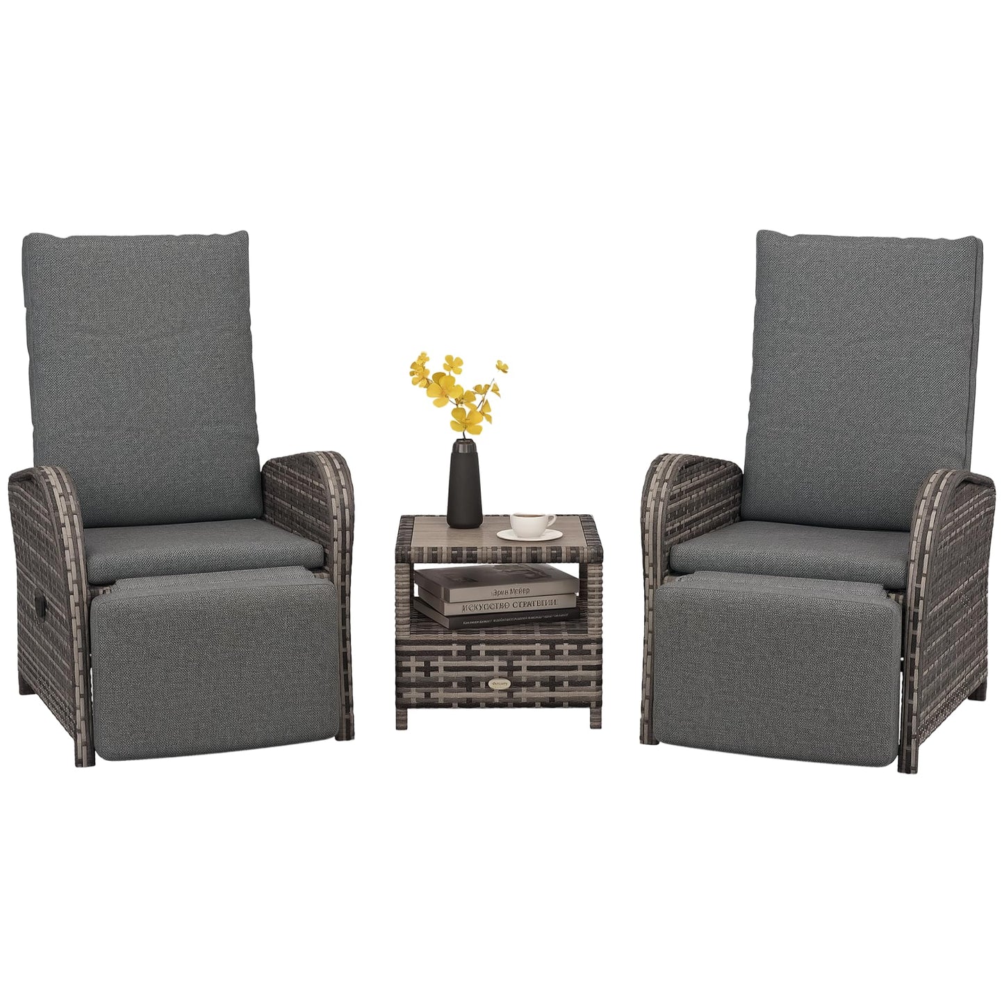 3 Piece Rattan Garden Bistro Set with Reclining Chairs & Coffee Table