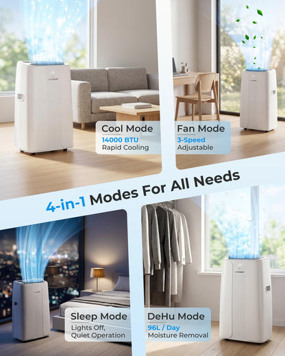 14000 BTU Portable Air Conditioner with Dehumidifier, Fan, Auto Swing & Remote Control
