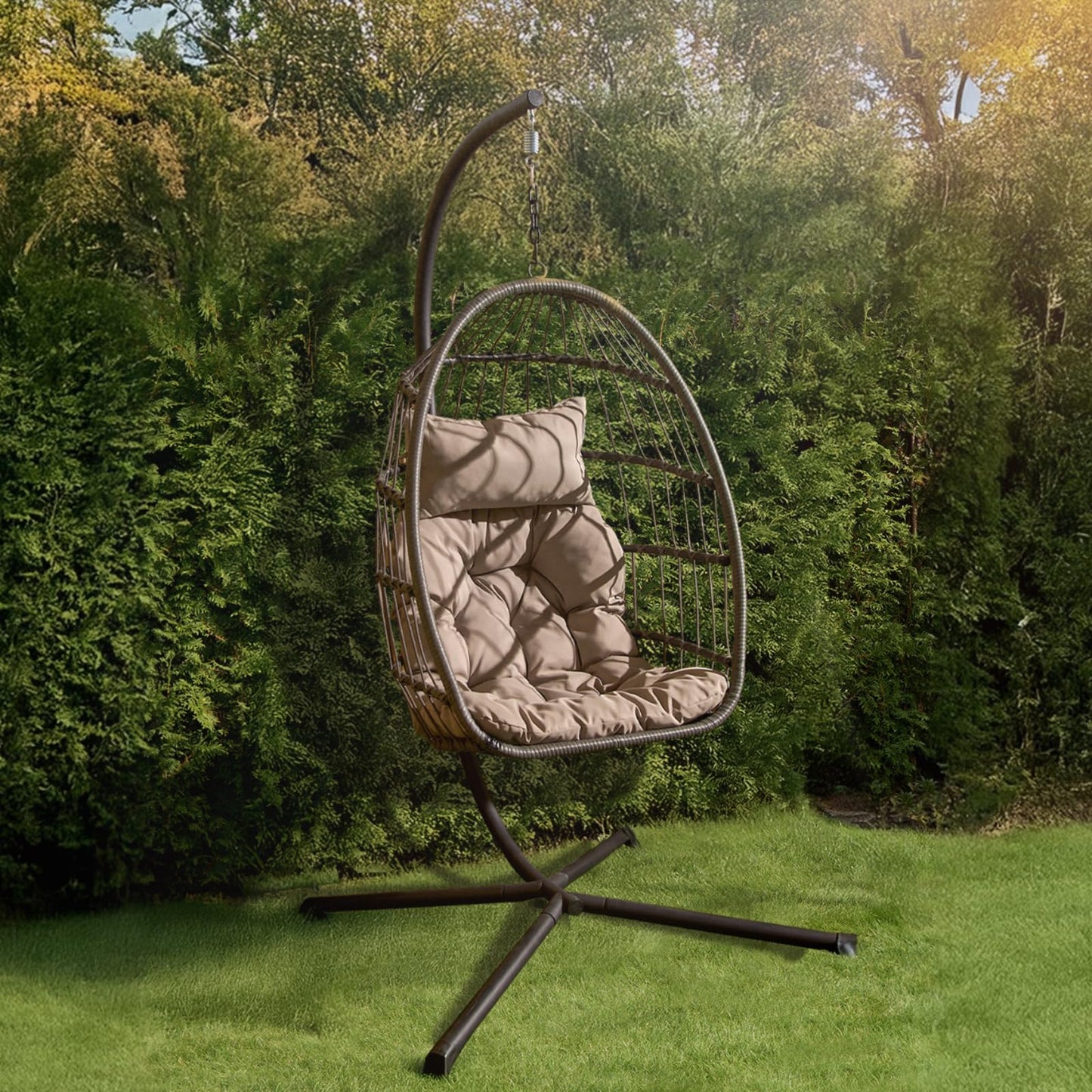 Hanging Egg Chair with Stand, Cushion & Foldable Rattan Basket