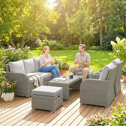 7 Seater Rattan Garden Furniture Set with Reclining Chairs, Footstools & Coffee Table