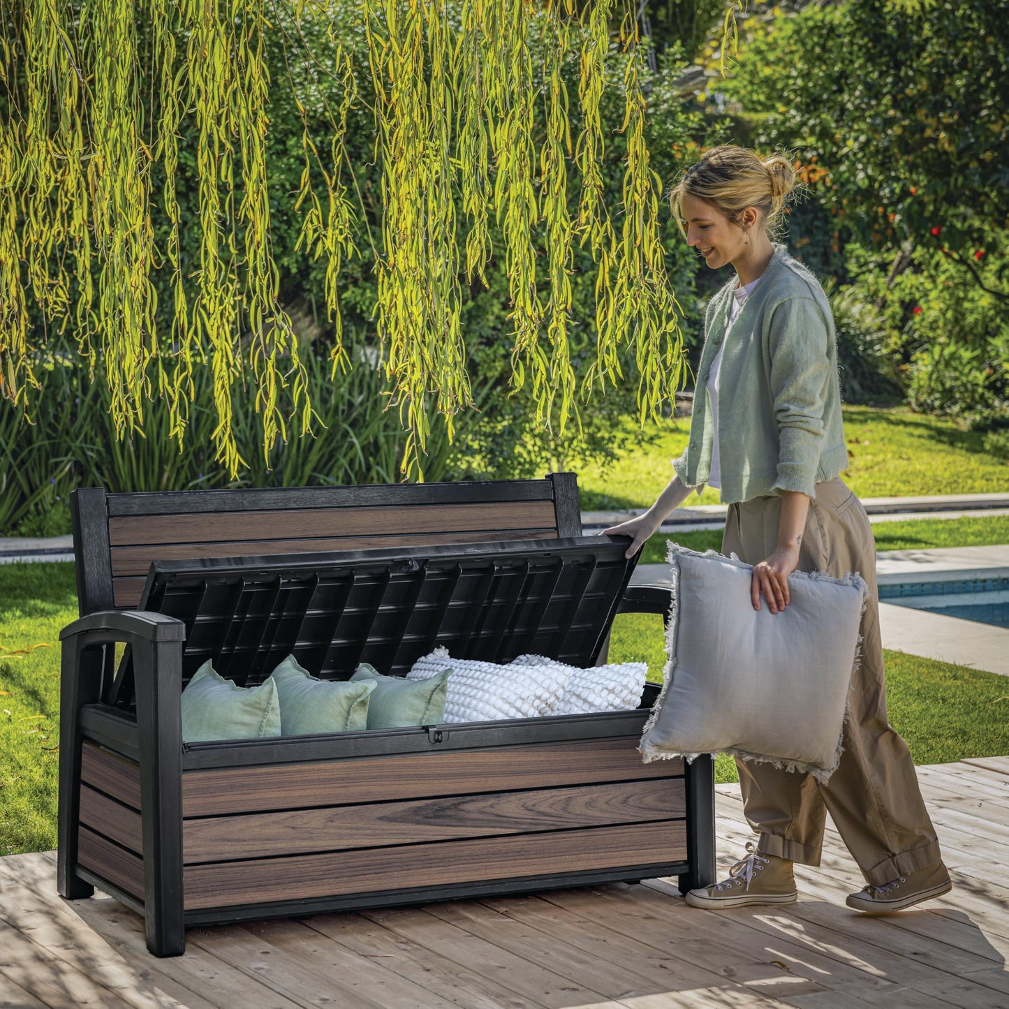 227L Outdoor Garden Storage Bench with Hidden Storage & 2 Person Seating